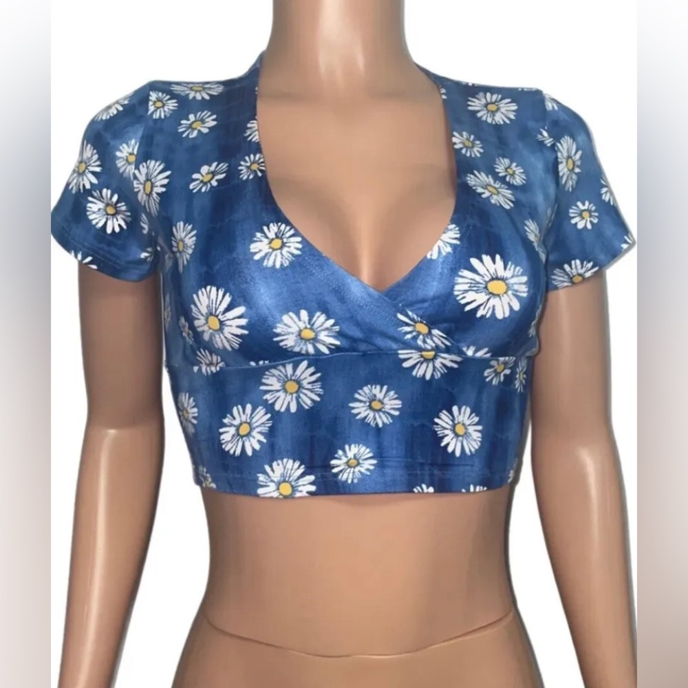 Y2K Style Blue Daisy faux wrap crop top new Casual Fairycore Party Cami Peasant